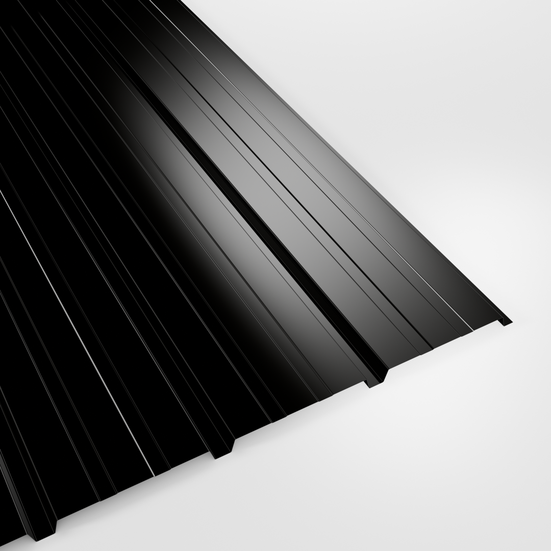 20/1000 liner profile Over Purlin (reverse) sheet in Black polyester, closely ribbed, studio view