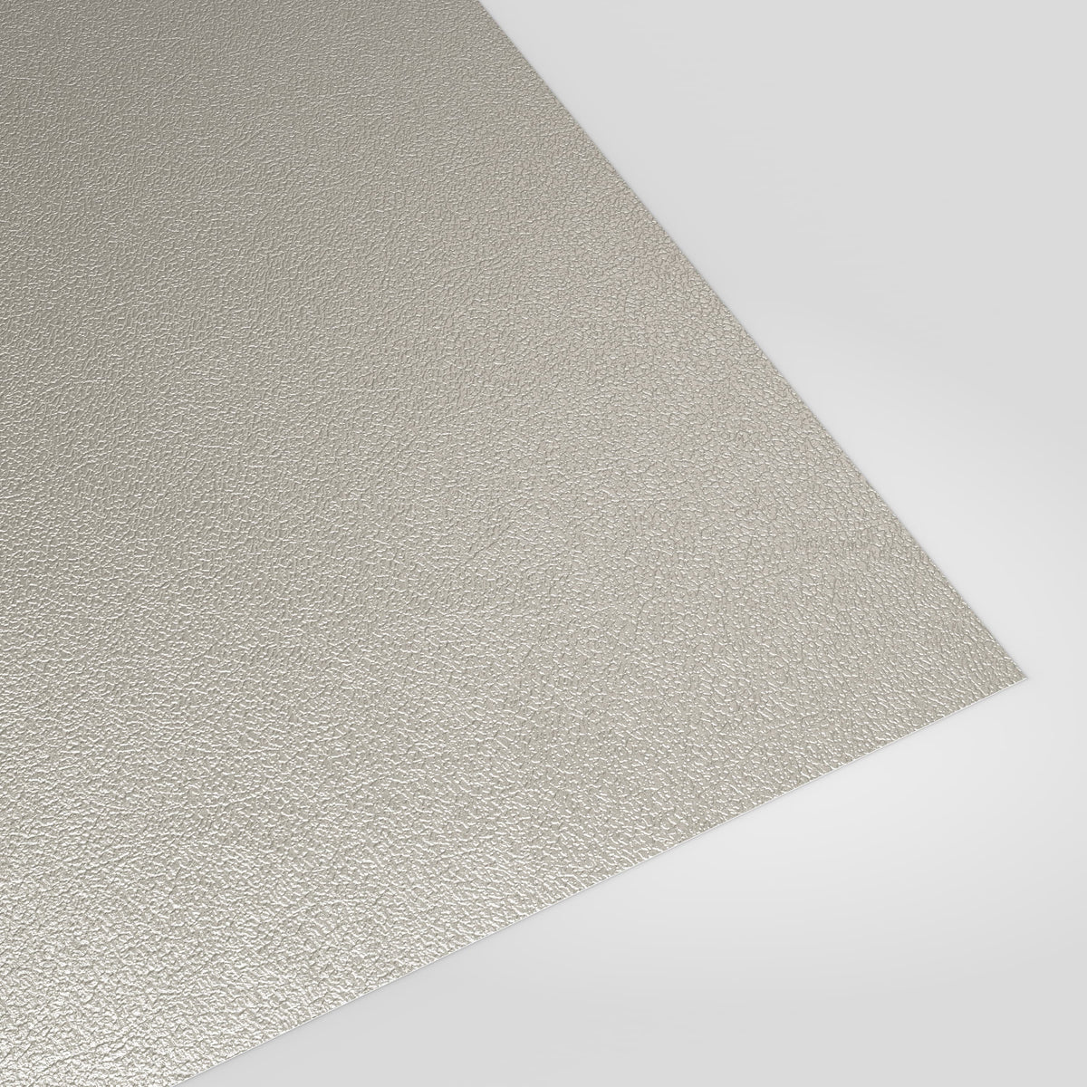 Flat metal sheet in Goosewing Grey (pale grey) PVC Plastisol, grained finish, angled studio view