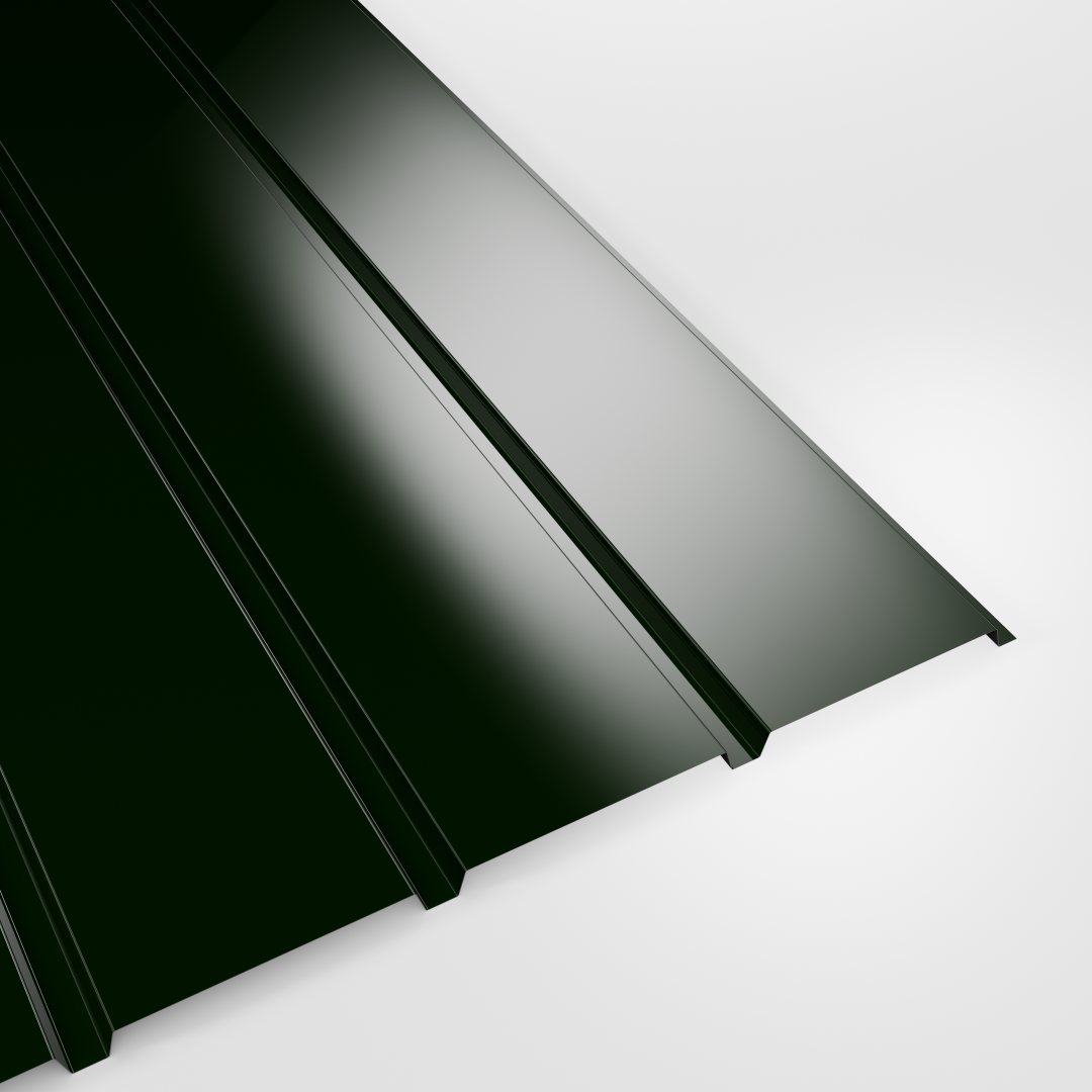 Plank profile polyester wall sheet in Juniper Green (deep green), smooth gloss finish, studio view
