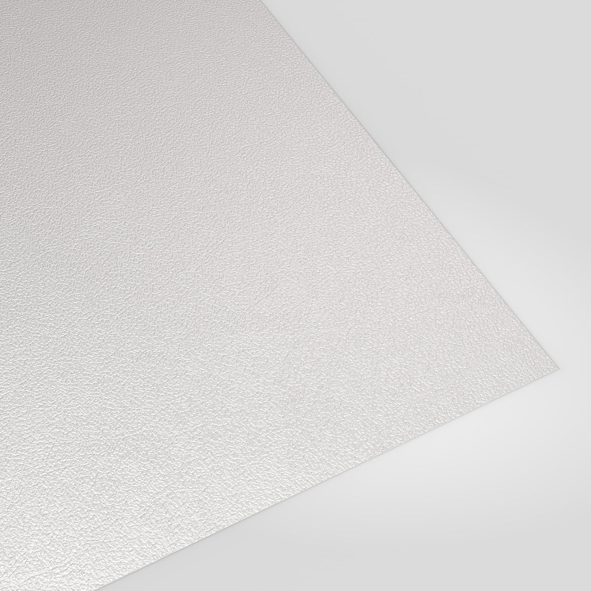 Flat metal sheet in White PVC Plastisol, grained finish, angled studio view