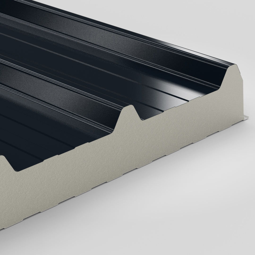 80mm PIR insulated roof panel in Anthracite with cream core, close-up of the profile