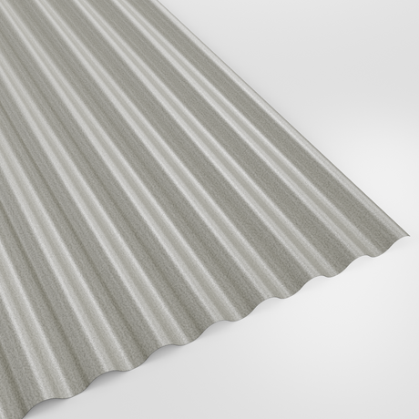 13/3 corrugated roof sheet in PVC Plastisol Goosewing Grey (pale grey), textured finish, studio view