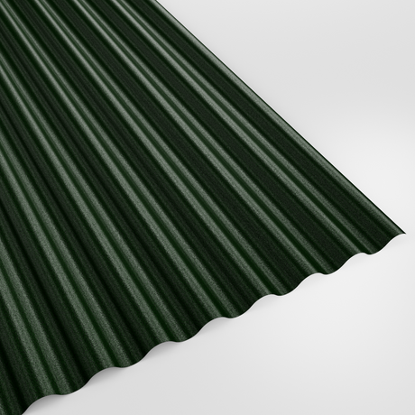13/3 corrugated roof sheet in PVC Plastisol Juniper Green (deep green), textured finish, studio view