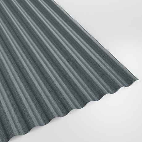 13/3 corrugated roof sheet in PVC Plastisol Merlin Grey (mid blue-grey), textured finish, studio view