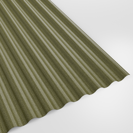 13/3 corrugated roof sheet in PVC Plastisol Moorland Green (muted khaki green), textured finish, studio view