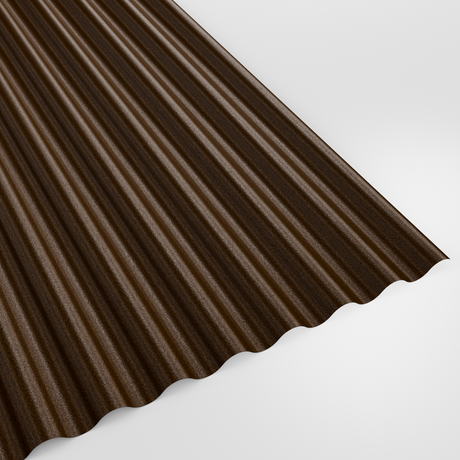 13/3 corrugated roof sheet in PVC Plastisol Van Dyke Brown (dark brown), textured finish, studio view