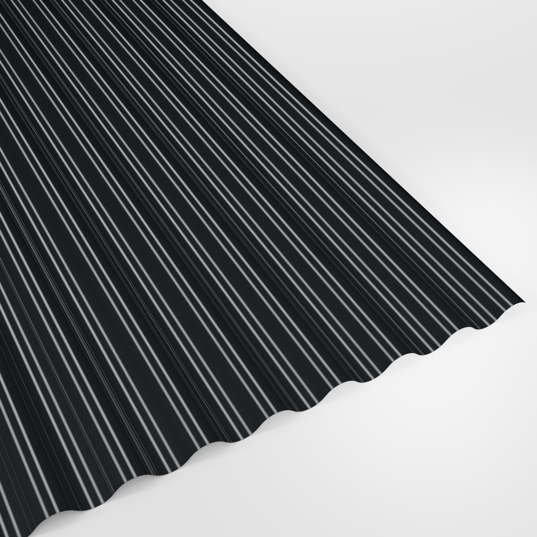 13/3 corrugated roof sheet in Polyester Anthracite (dark charcoal), smooth gloss finish, studio view