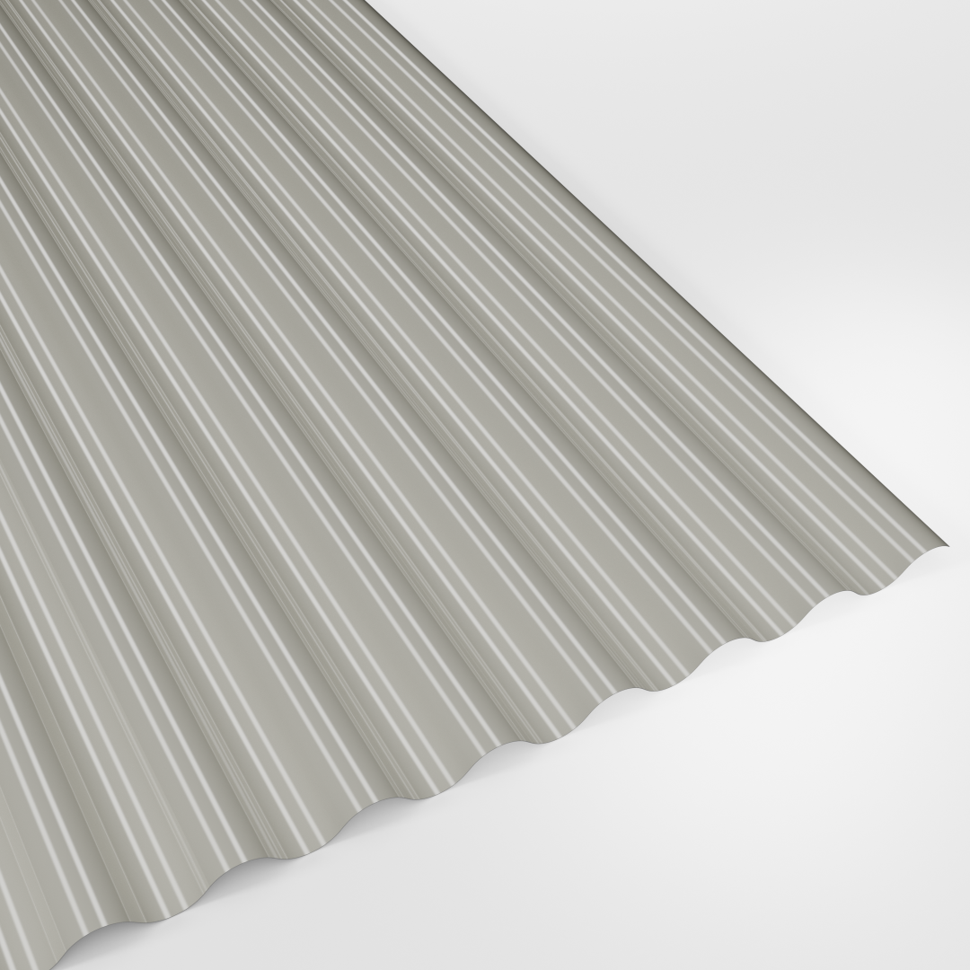 13/3 corrugated roof sheet in Polyester Goosewing Grey (pale grey), smooth gloss finish, studio view