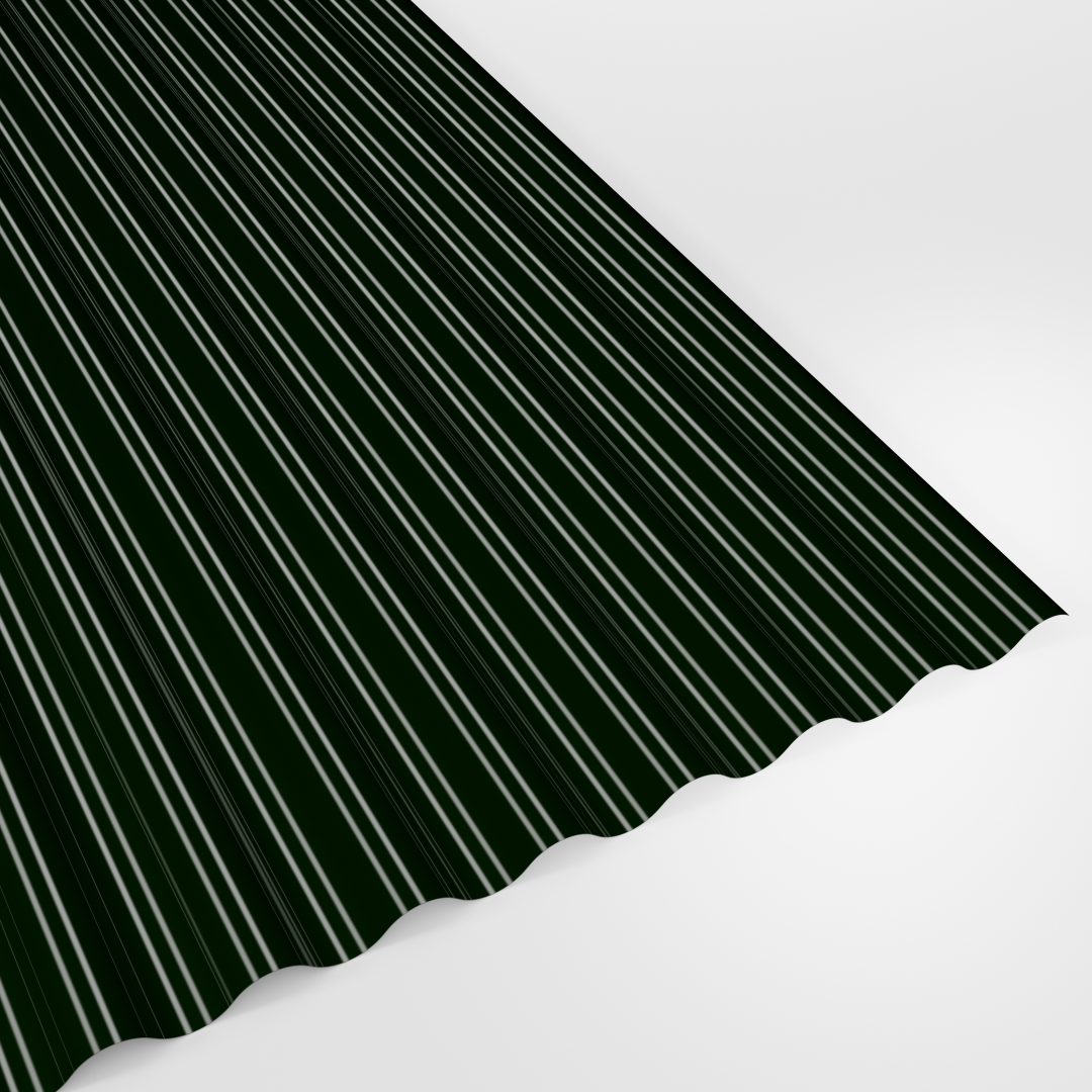 13/3 corrugated roof sheet in Polyester Juniper Green (deep green), smooth gloss finish, studio view