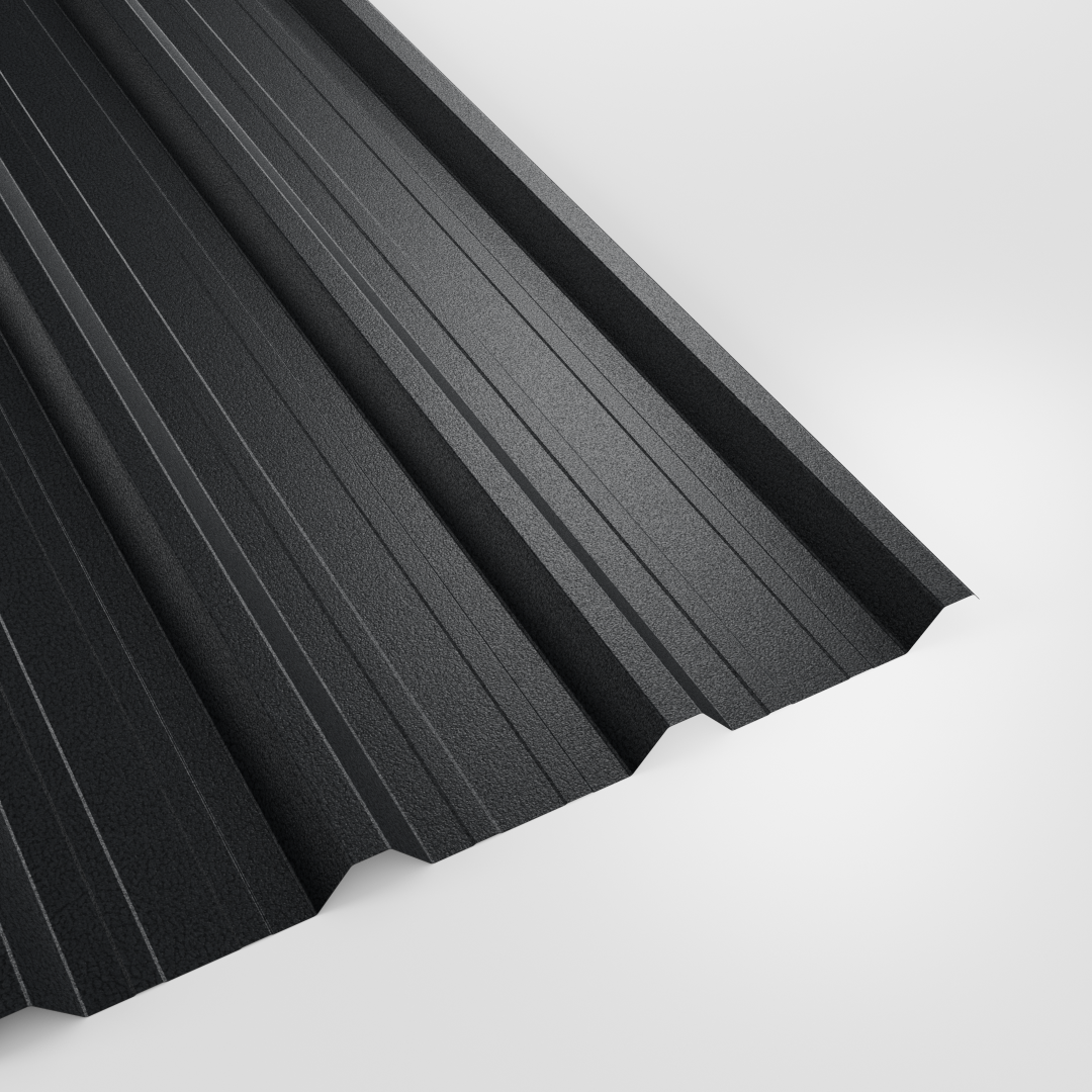 32/1000 box profile roof sheet in PVC Plastisol Anthracite (dark charcoal), textured finish, studio view