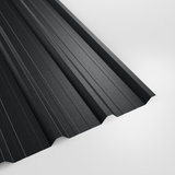 32/1000 box profile roof sheet in PVC Plastisol Anthracite (dark charcoal), textured finish, studio view