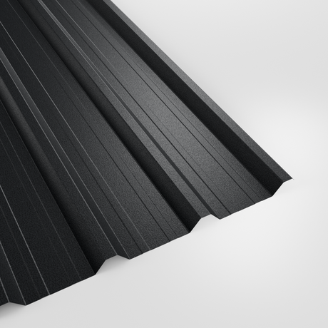 32/1000 box profile roof sheet in PVC Plastisol Anthracite (dark charcoal), textured finish, studio view
