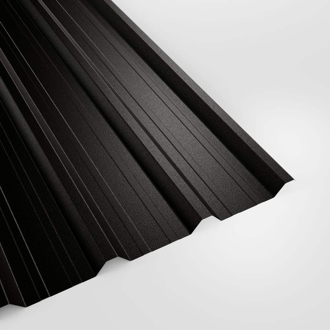 32/1000 box profile roof sheet in PVC Plastisol Black, textured finish, studio view