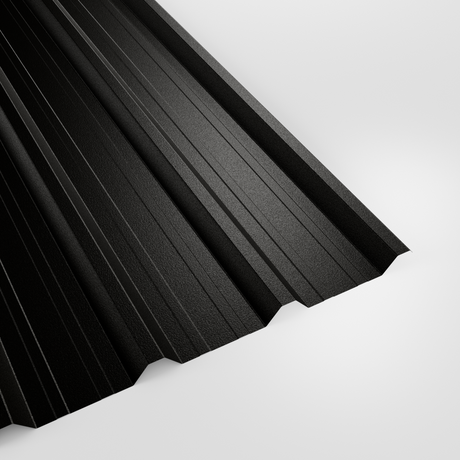 32/1000 box profile roof sheet in PVC Plastisol Black, textured finish, studio view