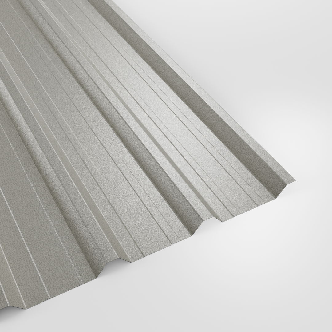 32/1000 box profile roof sheet in PVC Plastisol Goosewing Grey (pale grey), textured finish, studio view