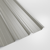 32/1000 box profile roof sheet in PVC Plastisol Goosewing Grey (pale grey), textured finish, studio view