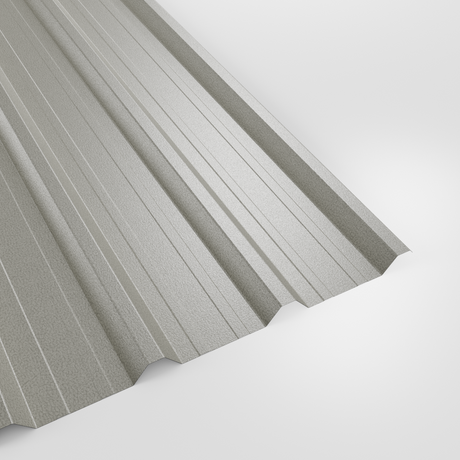 32/1000 box profile roof sheet in PVC Plastisol Goosewing Grey (pale grey), textured finish, studio view