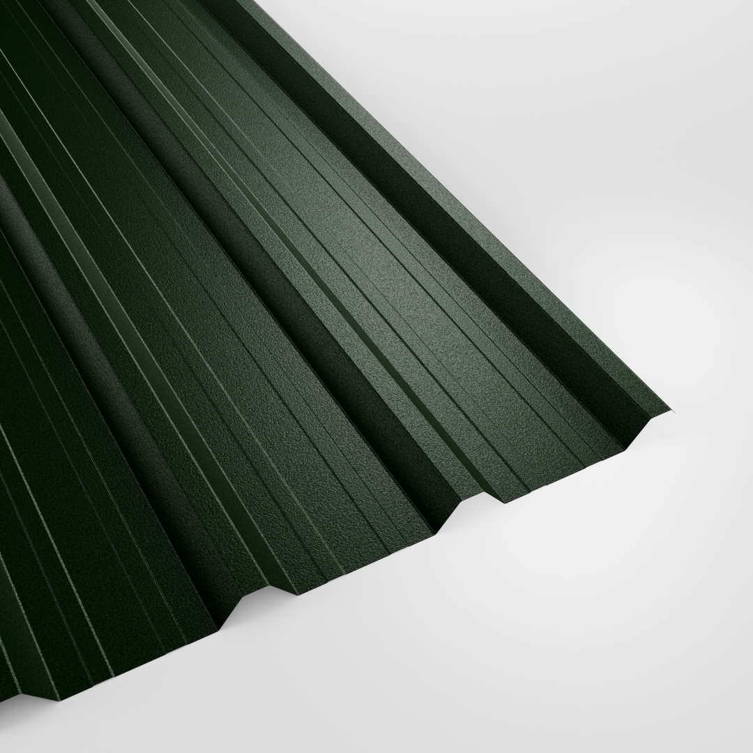 32/1000 box profile roof sheet in PVC Plastisol Juniper Green (deep green), textured finish, studio view