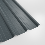 32/1000 box profile roof sheet in PVC Plastisol Merlin Grey (mid blue-grey), textured finish, studio view