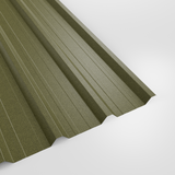 32/1000 box profile roof sheet in PVC Plastisol Moorland Green (muted khaki green), textured finish, studio view