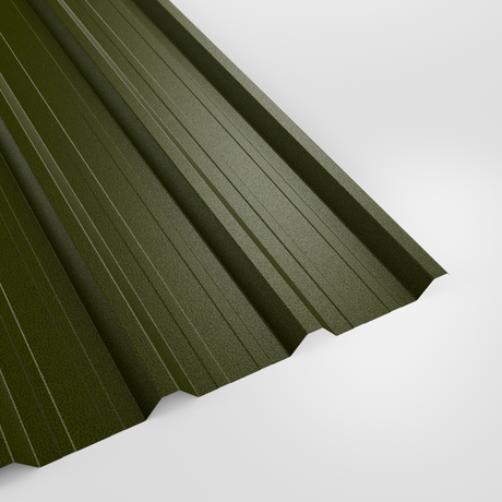 32/1000 box profile roof sheet in PVC Plastisol Olive Green (dark olive green), textured finish, studio view