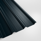 32/1000 box profile roof sheet in PVC Plastisol Slate Blue (dark blue-grey), textured finish, studio view