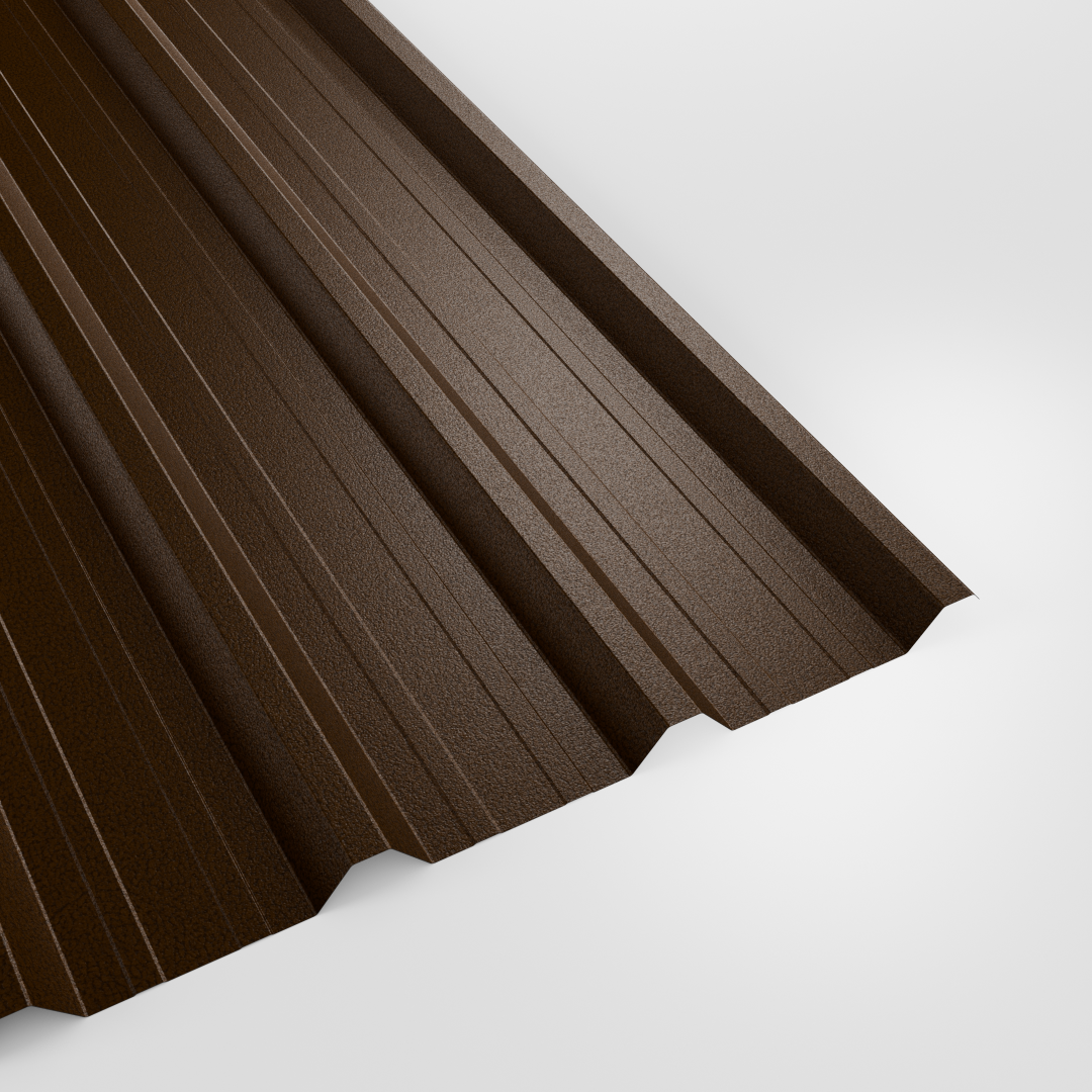 32/1000 box profile roof sheet in PVC Plastisol Van Dyke Brown (dark brown), textured finish, studio view