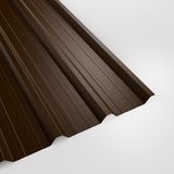 32/1000 box profile roof sheet in PVC Plastisol Van Dyke Brown (dark brown), textured finish, studio view