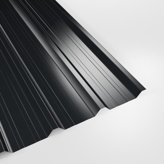 32/1000 box profile roof sheet in Polyester Anthracite (dark charcoal), smooth gloss finish, studio view