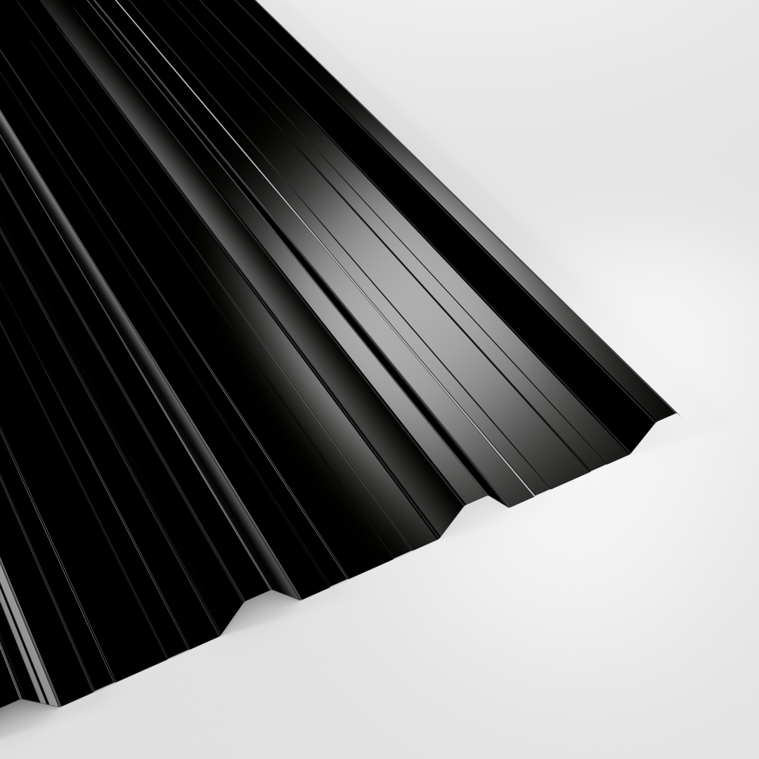 32/1000 box profile roof sheet in Polyester Black, smooth gloss finish, studio view