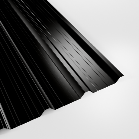 32/1000 box profile roof sheet in Polyester Black, smooth gloss finish, studio view