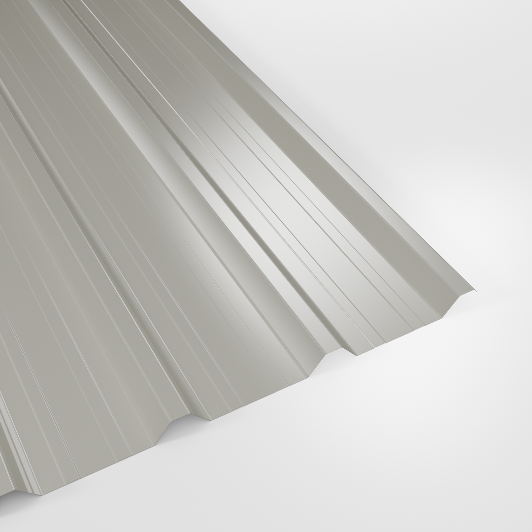32/1000 box profile roof sheet in Polyester Goosewing Grey (pale grey), smooth gloss finish, studio view