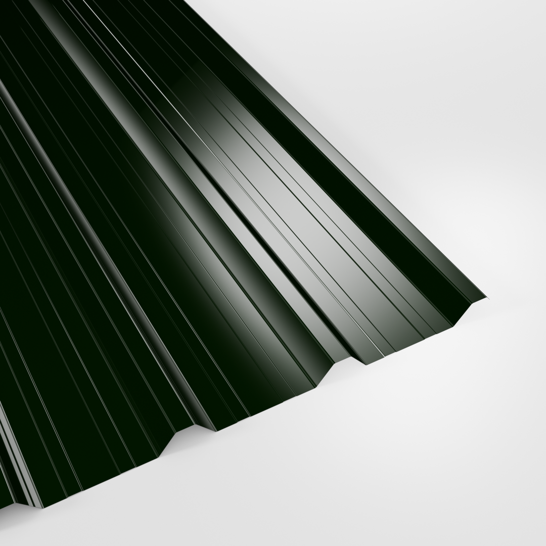 32/1000 box profile roof sheet in Polyester Juniper Green (deep green), smooth gloss finish, studio view