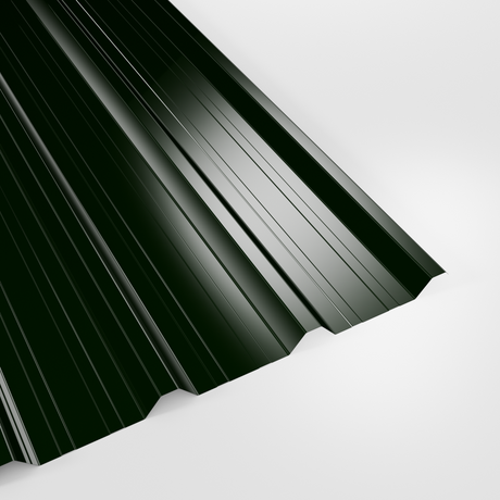 32/1000 box profile roof sheet in Polyester Juniper Green (deep green), smooth gloss finish, studio view