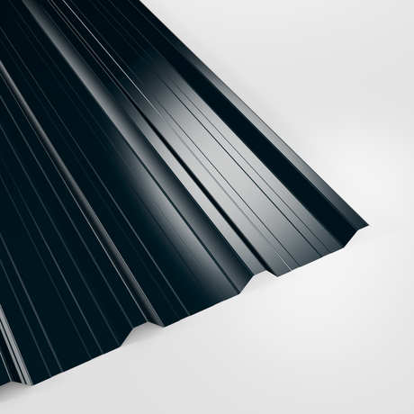 32/1000 box profile roof sheet in Polyester Slate Blue (dark blue-grey), smooth gloss finish, studio view