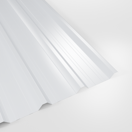 32/1000 box profile roof sheet in Polyester White, smooth gloss finish, studio view
