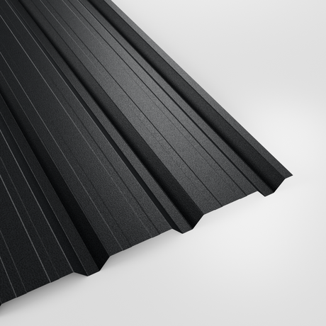 32/1000 box profile wall sheet in PVC Plastisol Anthracite (dark charcoal), textured finish, studio view
