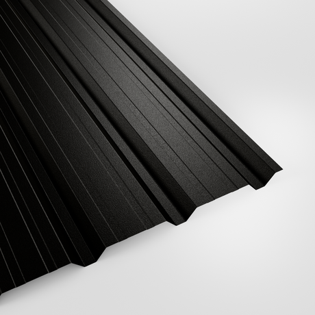 32/1000 box profile wall sheet in PVC Plastisol Black, textured finish, studio view