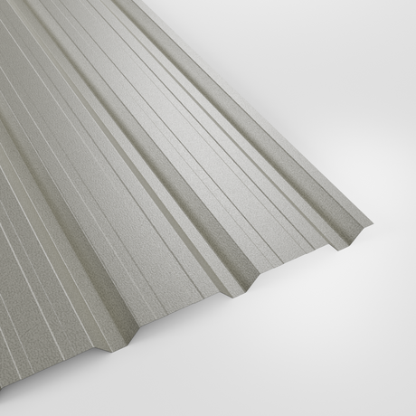 32/1000 box profile wall sheet in PVC Plastisol Goosewing Grey (pale grey), textured finish, studio view