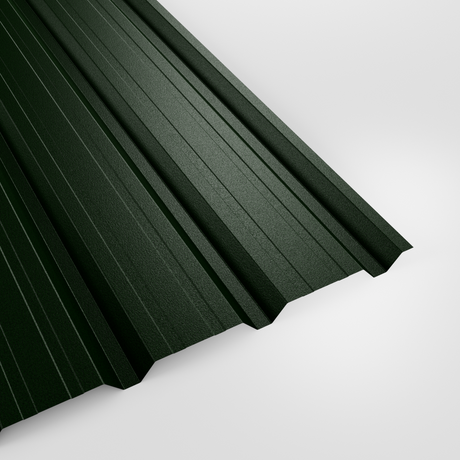 32/1000 box profile wall sheet in PVC Plastisol Juniper Green (deep green), textured finish, studio view