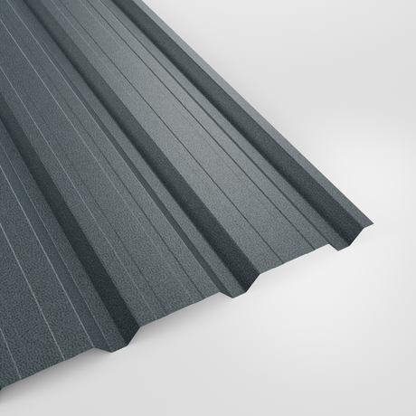 32/1000 box profile wall sheet in PVC Plastisol Merlin Grey (mid blue-grey), textured finish, studio view