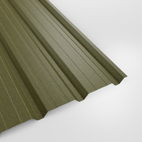32/1000 box profile wall sheet in PVC Plastisol Moorland Green (muted khaki green), textured finish, studio view