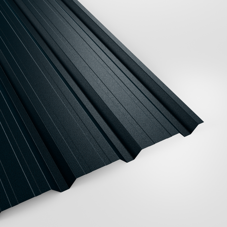 32/1000 box profile wall sheet in PVC Plastisol Slate Blue (dark blue-grey), textured finish, studio view