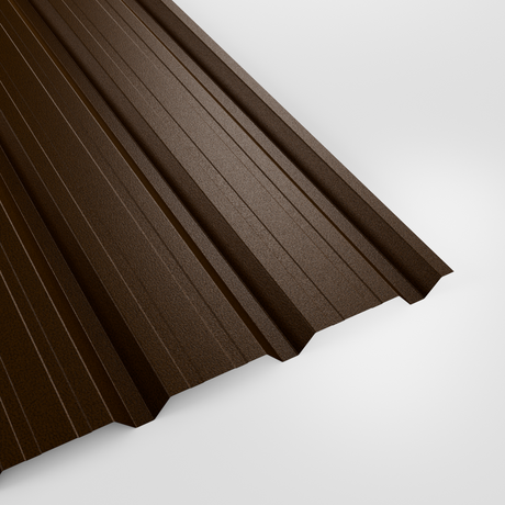 32/1000 box profile wall sheet in PVC Plastisol Van Dyke Brown (dark brown), textured finish, studio view