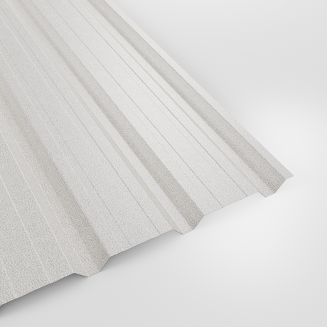 32/1000 box profile wall sheet in PVC Plastisol White, textured finish, studio view