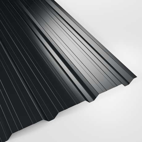 32/1000 box profile wall sheet in Polyester Anthracite (dark charcoal), smooth gloss finish, studio view