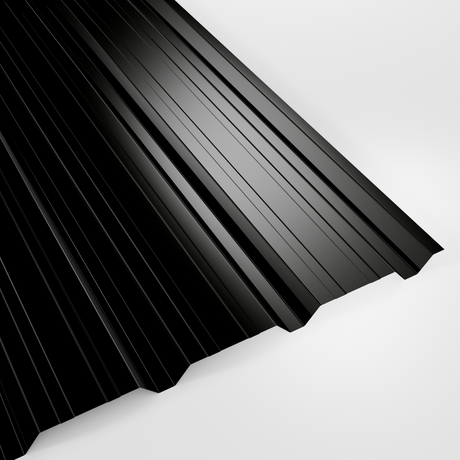32/1000 box profile wall sheet in Polyester Black, smooth gloss finish, studio view