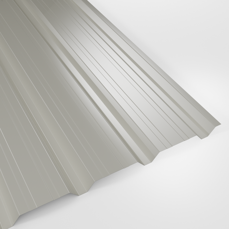 32/1000 box profile wall sheet in Polyester Goosewing Grey (pale grey), smooth gloss finish, studio view