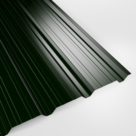 32/1000 box profile wall sheet in Polyester Juniper Green (deep green), smooth gloss finish, studio view