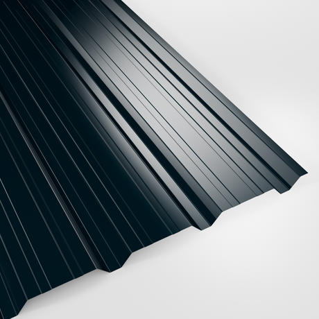 32/1000 box profile wall sheet in Polyester Slate Blue (dark blue-grey), smooth gloss finish, studio view